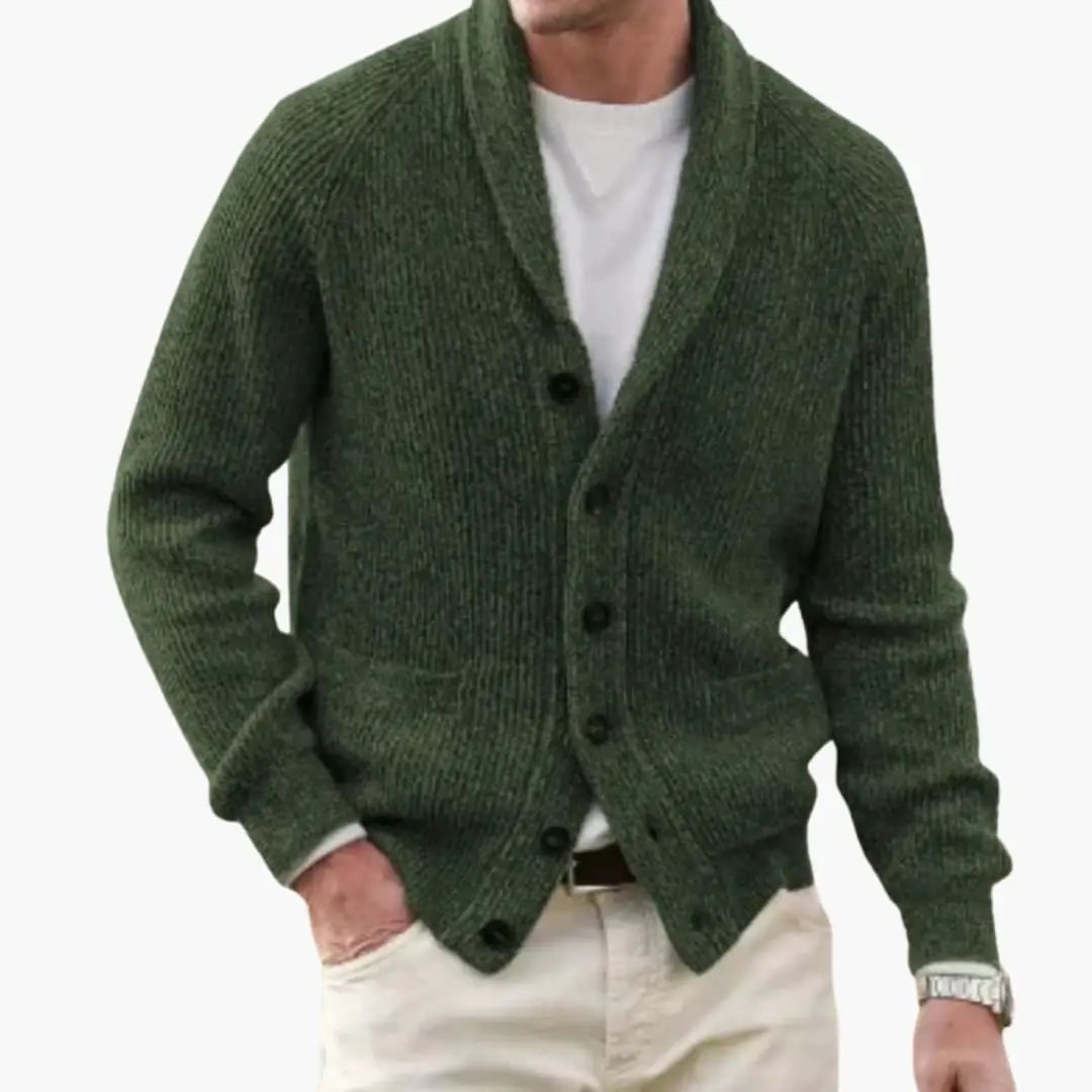 Casual men's button-up cardigan with a distinctive shawl collar, ideal for versatile layering.