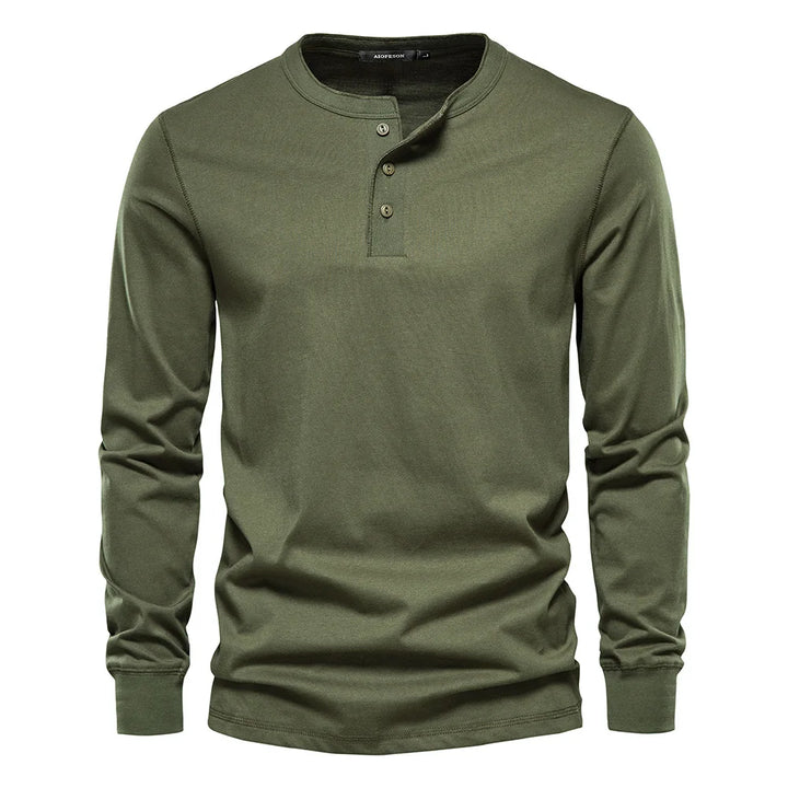 Model wearing a men's stylish long sleeve henley shirt, demonstrating its casual fit and everyday wearability