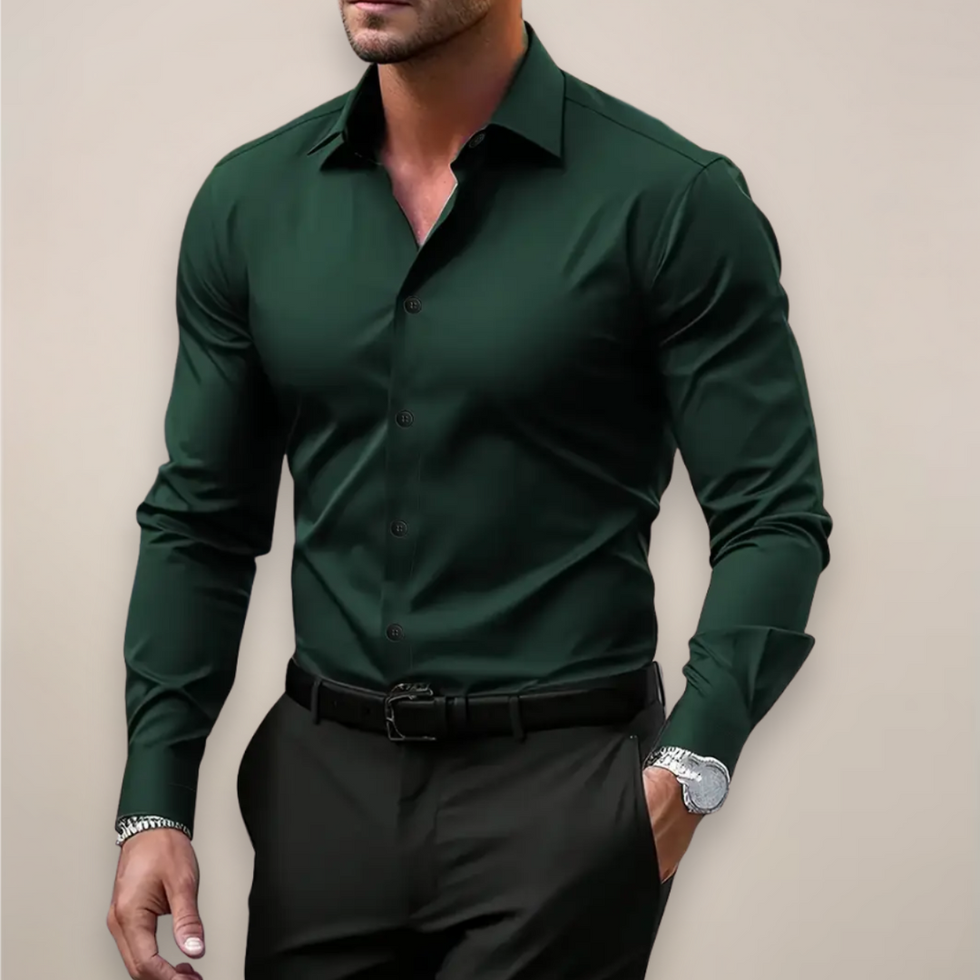 Stylish men's dress shirt with long sleeves, offering a slim fit silhouette for versatile spring apparel.