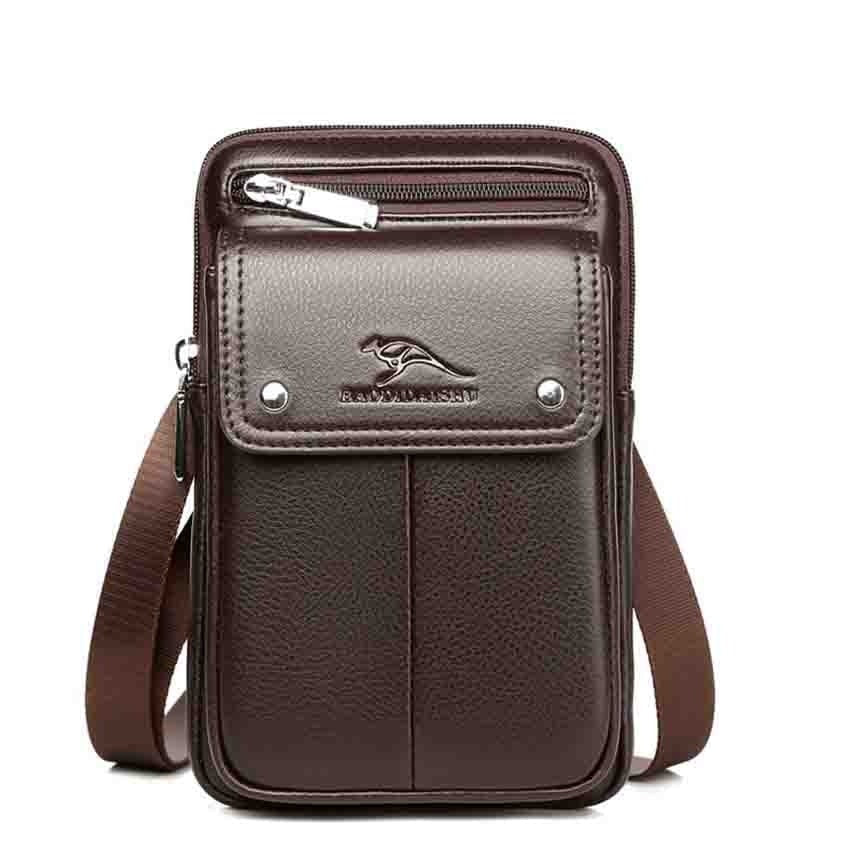 Close-up of a men's PU leather crossbody bag texture, highlighting its sleek, durable design.
