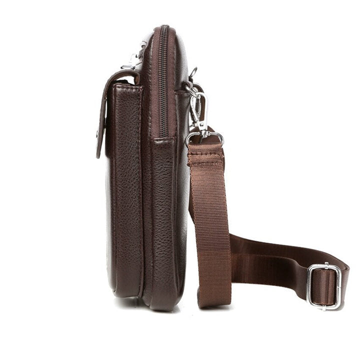 Front view of a sleek black men's PU leather crossbody messenger bag with an adjustable strap.