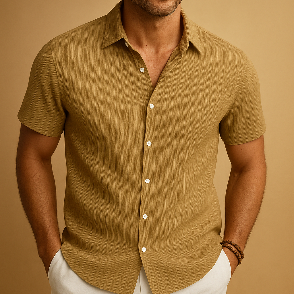 Elegant men's short-sleeve collared shirt for everyday summer wear. Lightweight & breathable.
