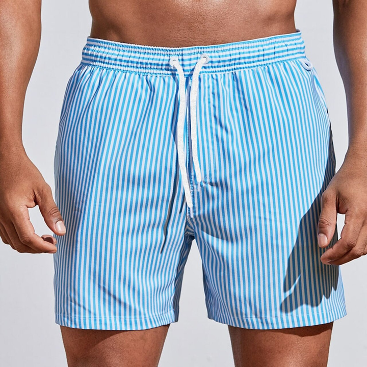 Active men's striped swim trunks with drawstring, ideal for swimming & summer beach activities.