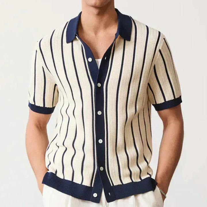 Relaxed fit men's striped knit shirt. Comfortable long sleeve top with button placket, ideal for casual summer fashion.