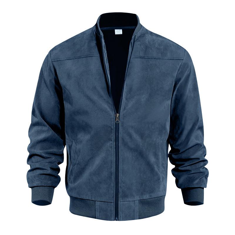 Modern men's suede-look jacket with stand collar, a perfect stylish transitional piece.