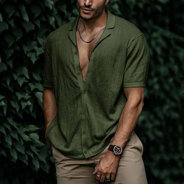 Modern men's casual textured short sleeve Cuban collar shirt. Great for various summer outfits.