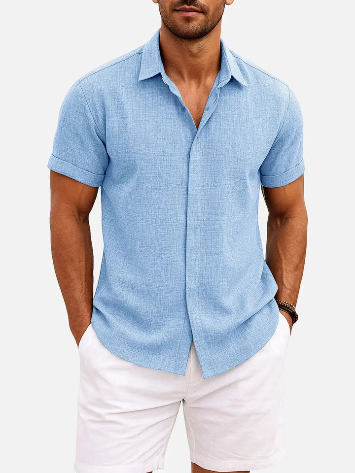 Men's stylish textured short sleeve button down casual shirt for summer fashion.