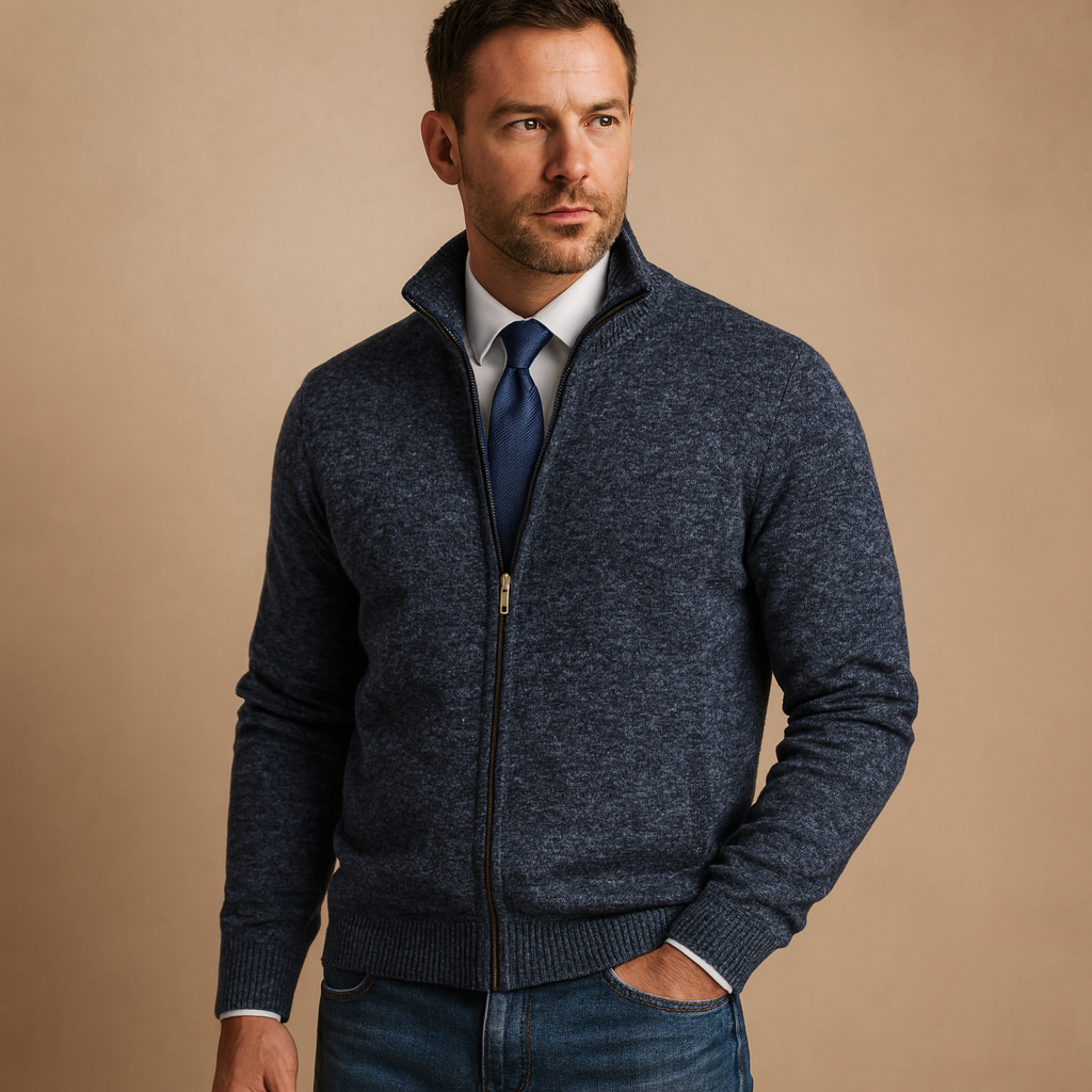 Soft men's knit zipped cardigan for cozy autumn/winter comfort. Stylish everyday layering outerwear.