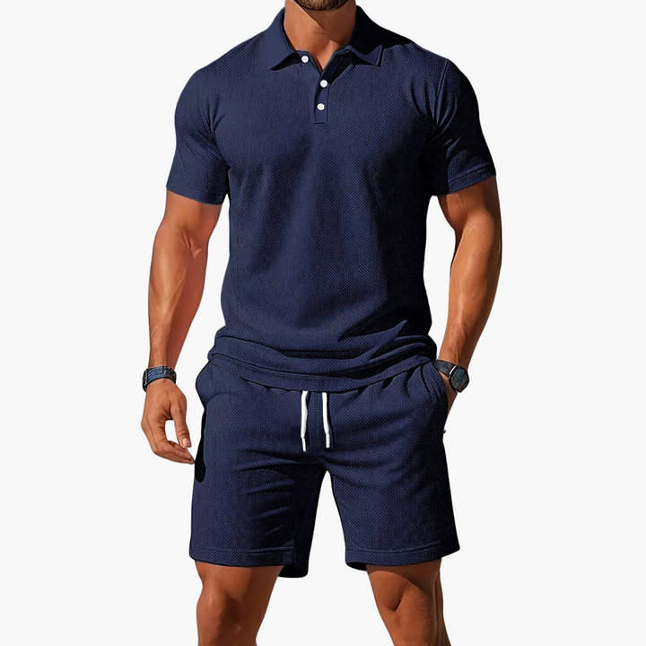 Comfortable men's short sleeve polo & drawstring shorts set. Relaxed summer loungewear outfit.