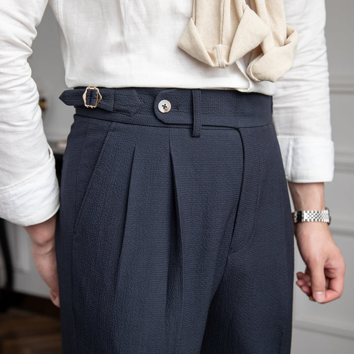 Classic men's pleated pants, high-waist & tailored fit. Straight leg design ideal for smart office wear.