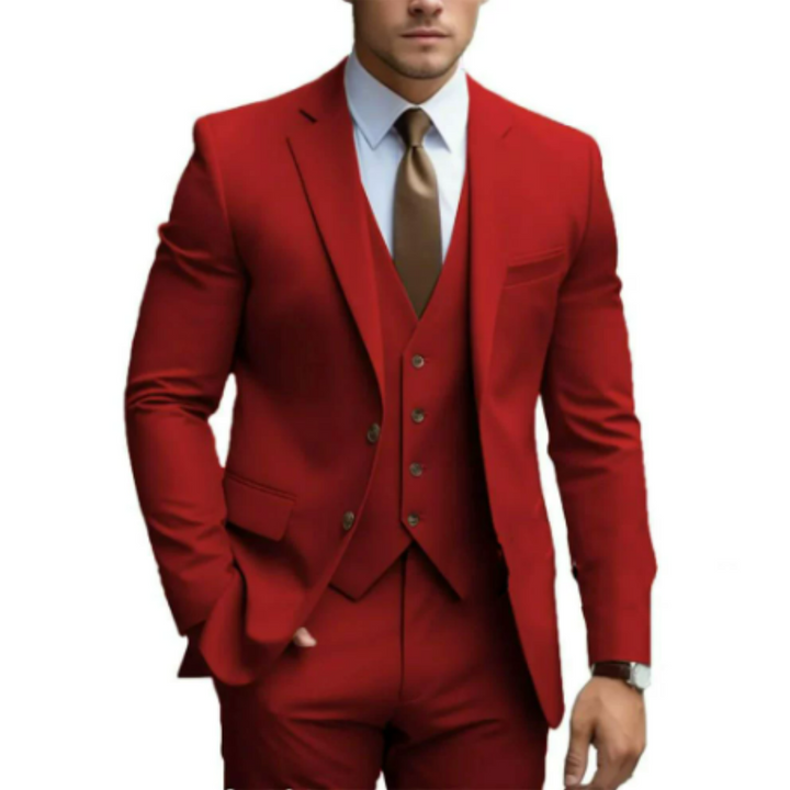 Model in a men's tailored slim-fit three-piece suit, perfect for special events & formal wear.