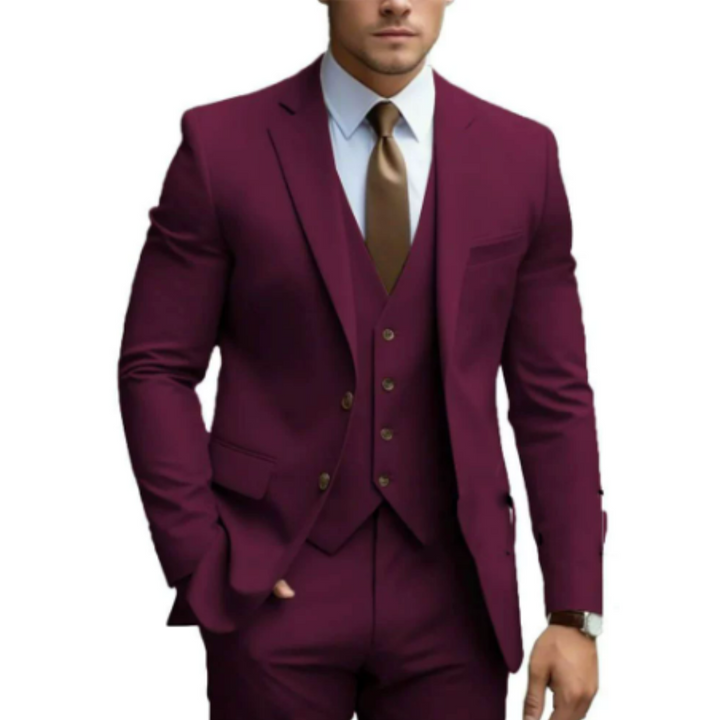 Modern slim-fit tailored suit with vest, perfect for a sharp, contemporary look.