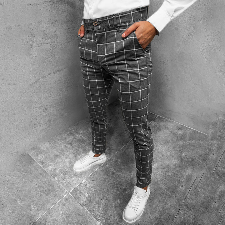 Versatile tapered grid pattern trousers for men, blending comfort and contemporary style