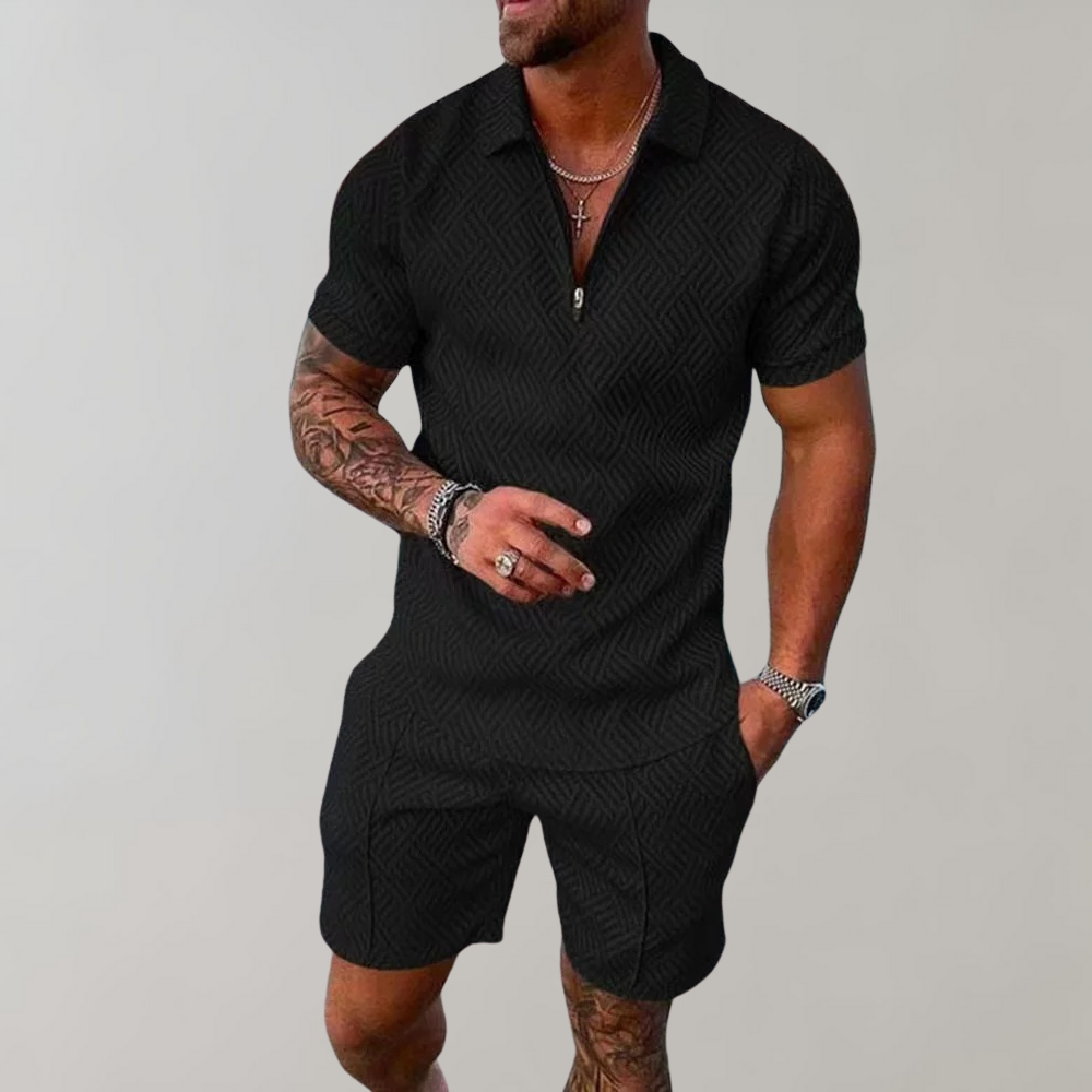 Men's two-piece summer set: stylish polo shirt & comfortable shorts, perfect for warm weather casual wear.