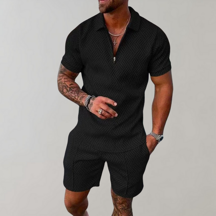 Men's two-piece summer set: stylish polo shirt & comfortable shorts, perfect for warm weather casual wear.