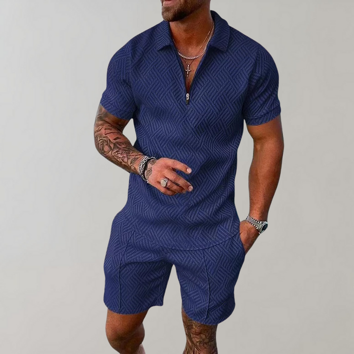 New men's casual summer set featuring a breathable polo shirt and relaxed shorts, perfect for warm weather activities.