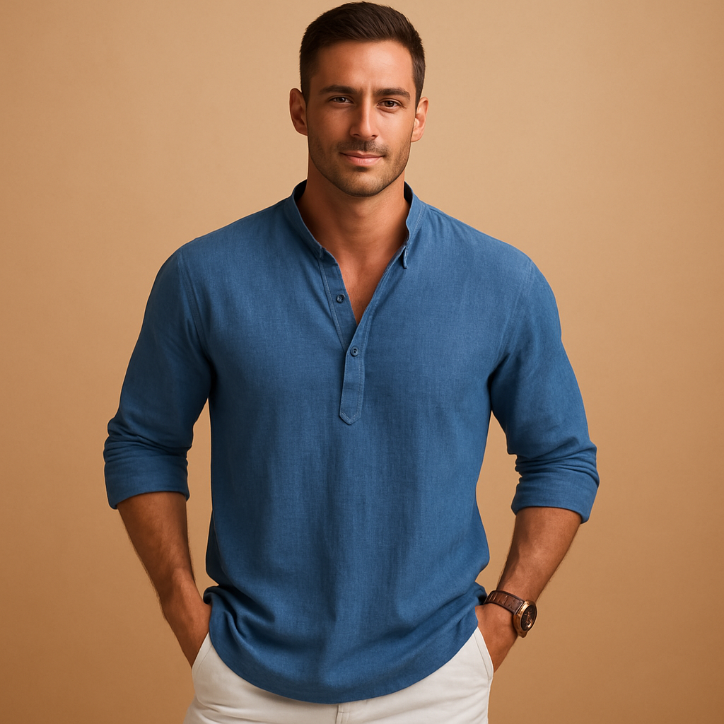 Men's casual V-neck long sleeve shirt, perfect for summer style. Lightweight & breathable for warm weather.