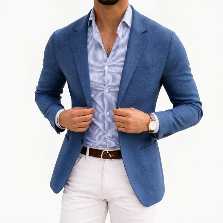 Men's versatile knit blazer, tailored fit for smart casual and everyday elegance.