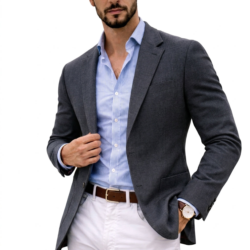 Elegant men's tailored knit blazer, ideal for smart casual outfits or elevated formal wear.