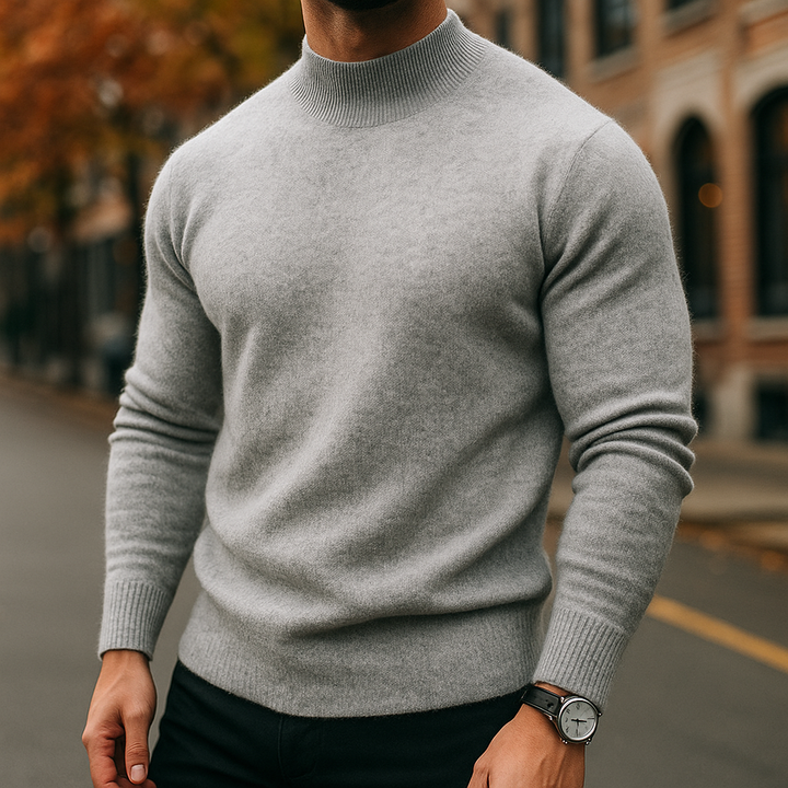 Man wearing an elegant men's semi-turtleneck sweater, showcasing versatile men's winter fashion & sophisticated look.
