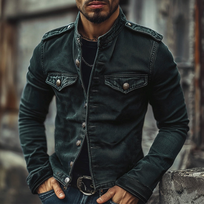Casual men's vintage blue jacket, stand collar biker style, slim fit, perfect for mid-season outerwear.