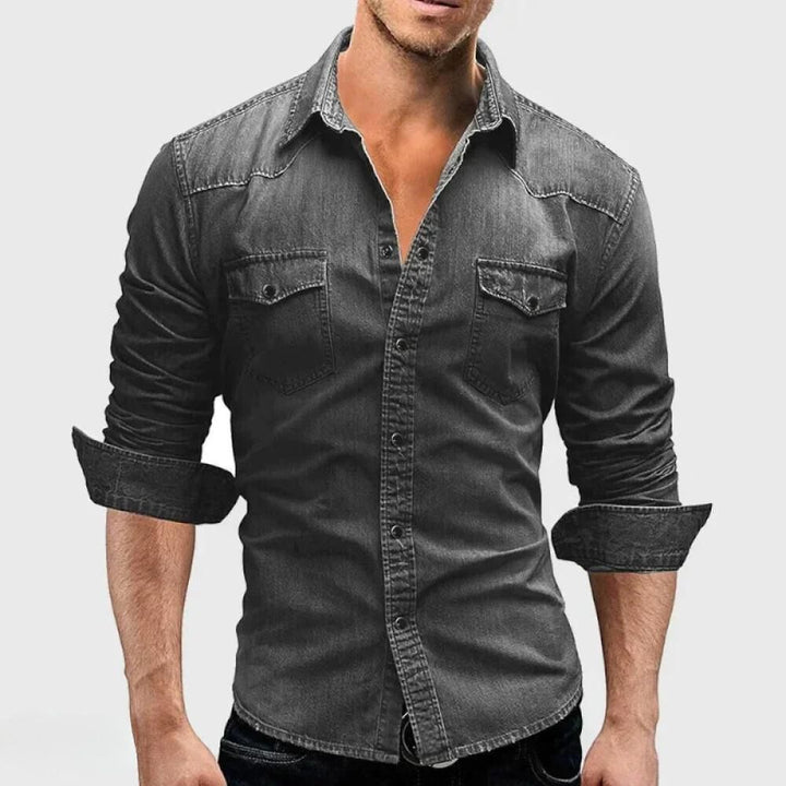 Men's vintage wash denim shirt, long sleeve, with classic button-up front & chest pockets for casual style.