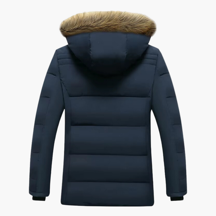 Men's arctic winter parka with large hood and fur trim, perfect for cold weather