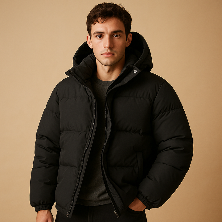 Men's warm hooded puffer jacket, ideal insulated winter coat for cold weather comfort & casual style.