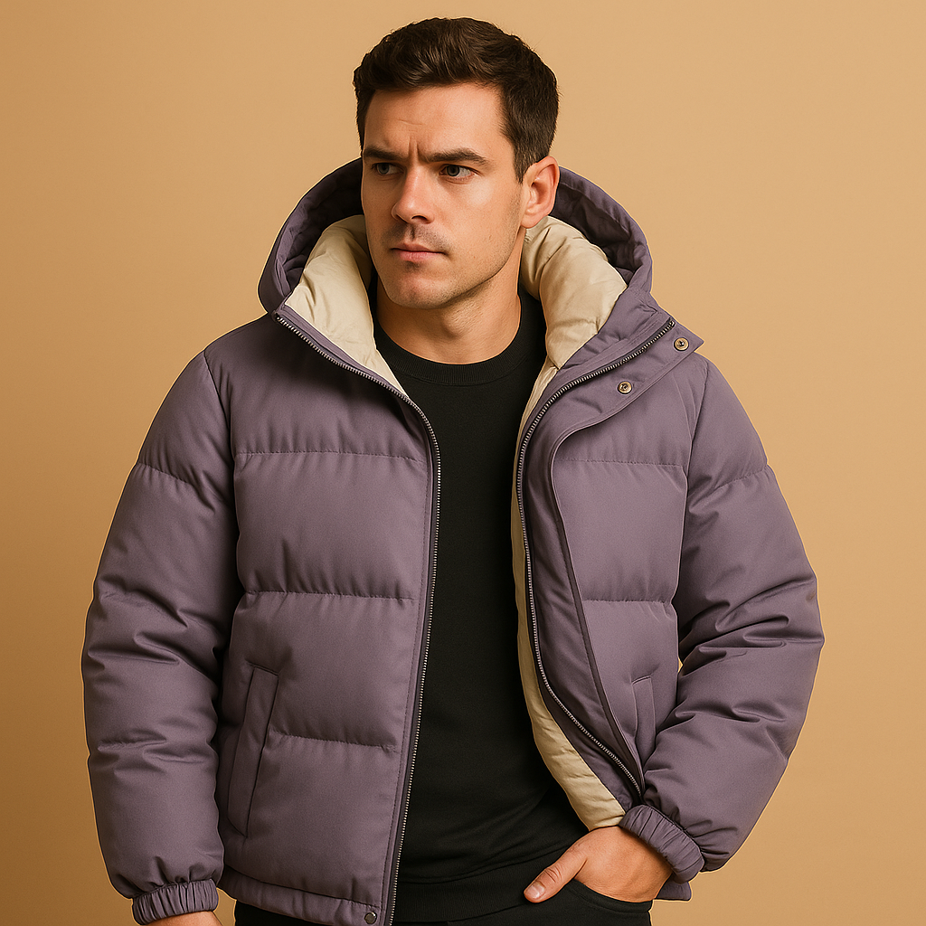 Men's fashionable hooded puffer jacket, offering ultimate warmth and style for cold winter days and outdoor adventures.
