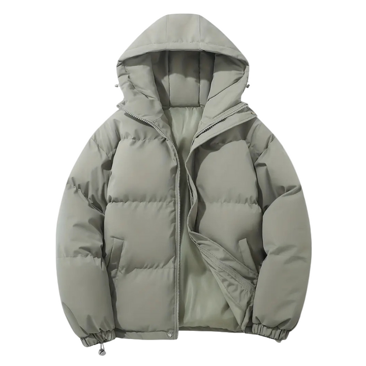 Modern men's padded hooded puffer jacket, designed for warmth, style, and protection against winter elements.