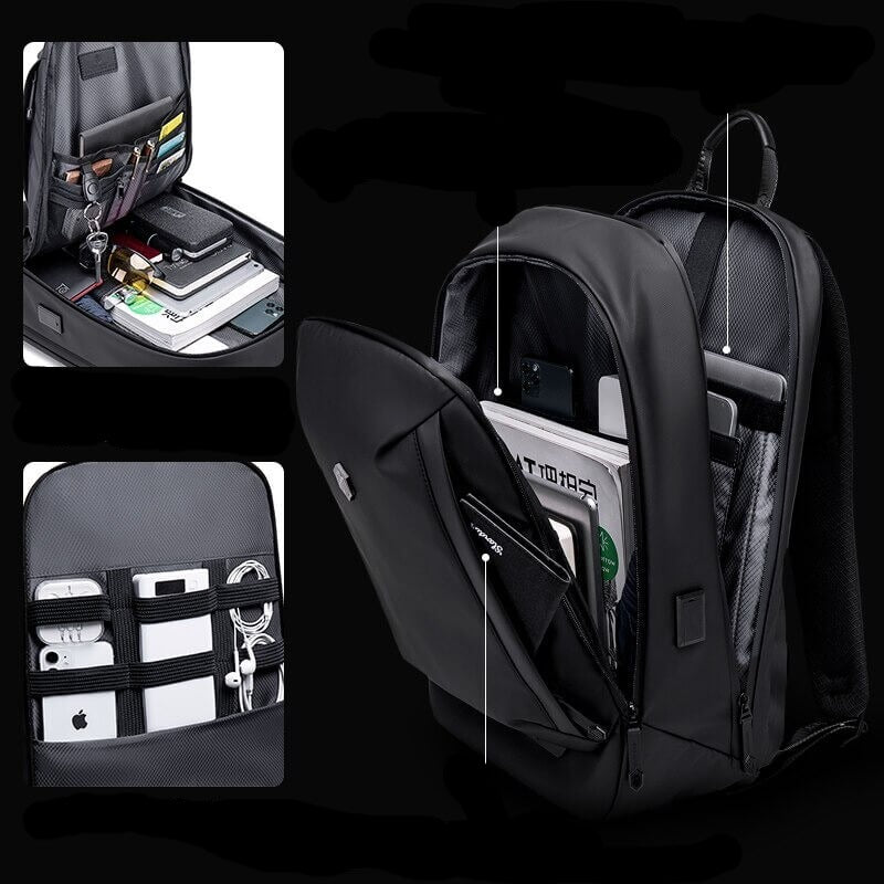 Secure laptop compartment in AllCarry men's anti-theft backpack, perfect for water-resistant travel & daily commute.