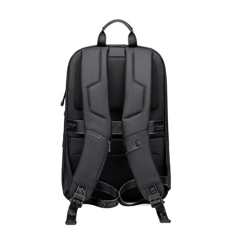 Ergonomic back panel & padded straps on men's water-resistant anti-theft backpack for comfortable travel & commute.