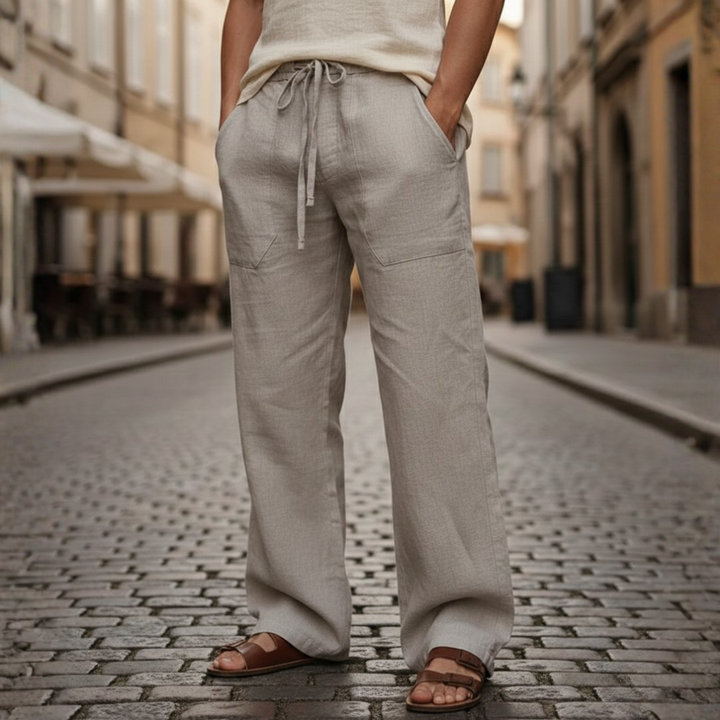 Breathable linen drawstring trousers for men. Ultra-lightweight & comfortable summer wear.