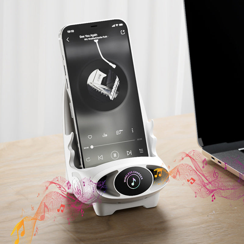 Portable Mini Chair wireless fast charger, also functions as a convenient phone holder.