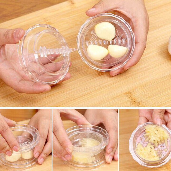 Compact stainless steel garlic press kitchen gadget, perfect for mincing multiple cloves