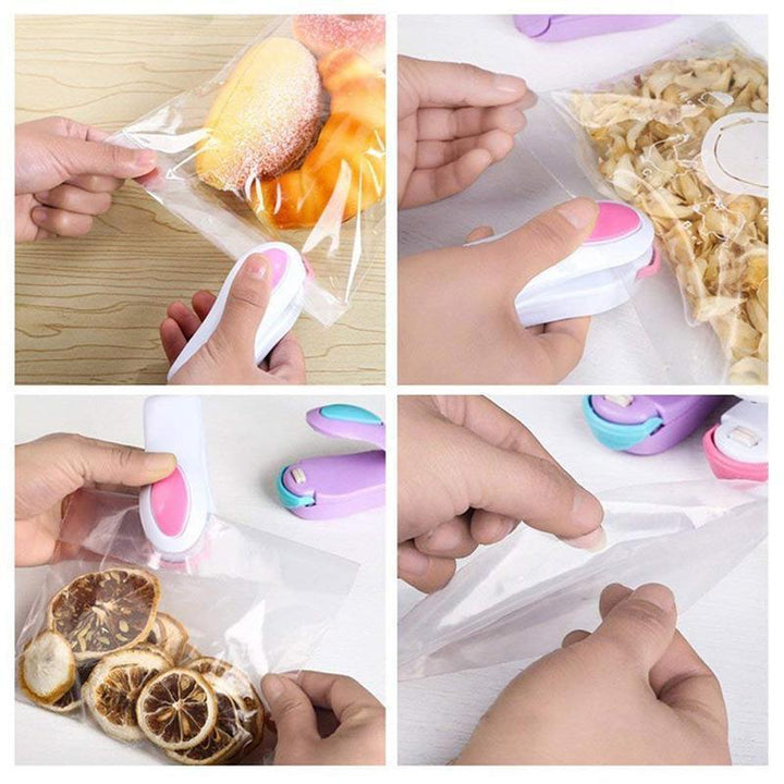Close-up of the mini food bag heat sealer's sealing mechanism, showing a secure, airtight seal on a snack bag.
