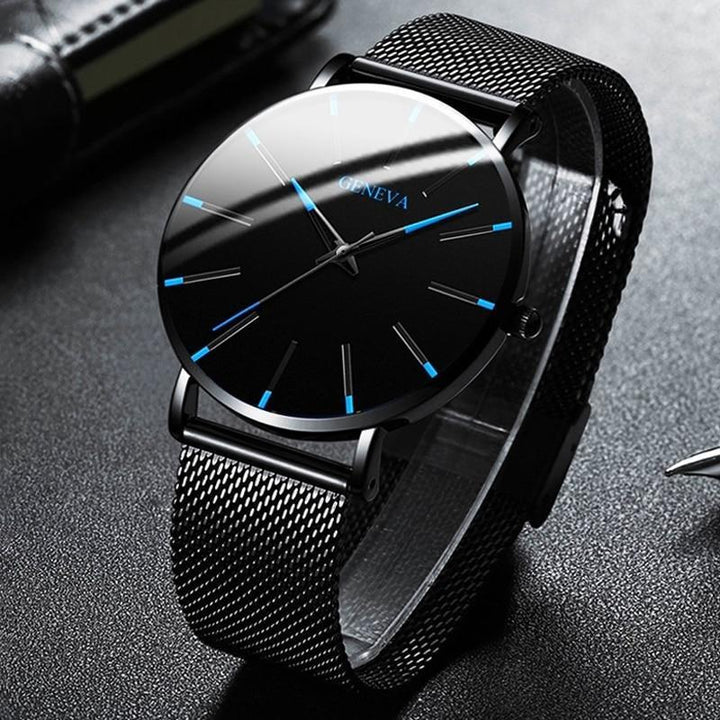 Durable men's accessory watch: minimalist black dial, sustainable vegan leather strap, classic design.