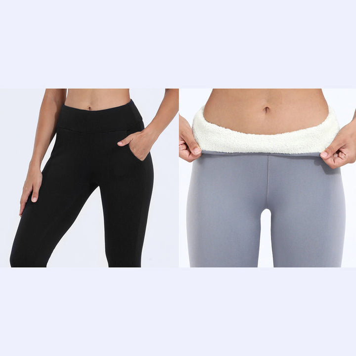 Stylish woman wearing black thermal fleece-lined leggings with a sweater, casual winter outfit