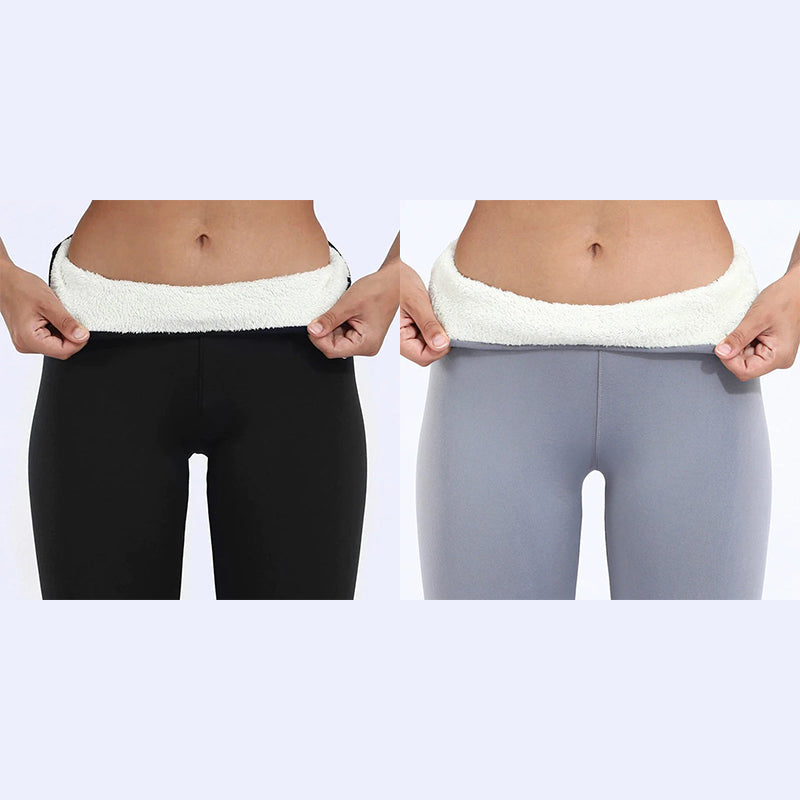 Model enjoying coffee indoors in comfortable women's thermal fleece-lined winter leggings