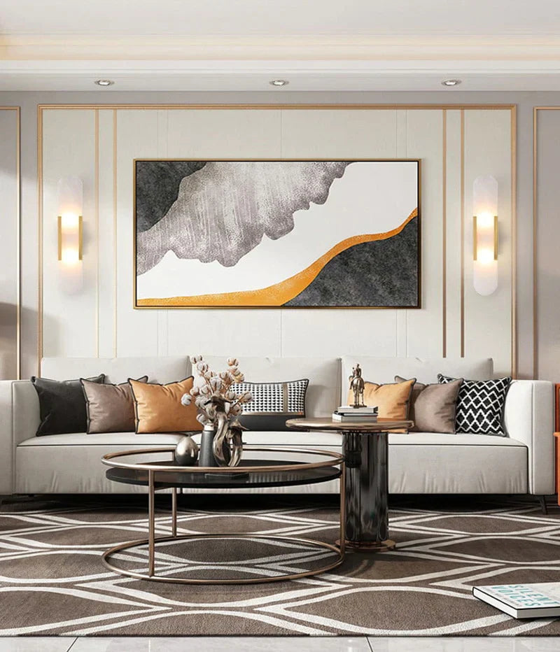 "Modern black and gold LED wall lamp with oval Lucite crystal centerpiece, ideal for dining room lighting."