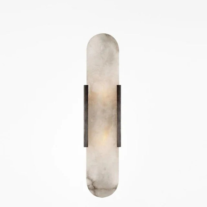 "Modern black and gold LED wall lamp with oval Lucite crystal centerpiece, ideal for dining room lighting."