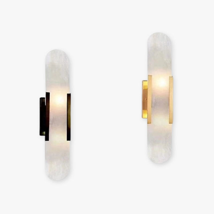 "Modern black and gold LED wall lamp with oval Lucite crystal centerpiece, ideal for dining room lighting."