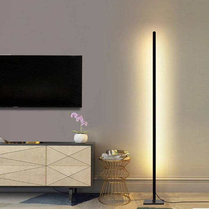 "Modern LED floor lamp with soft glow, sleek design, adjustable lighting, perfect for elegant and contemporary interiors."