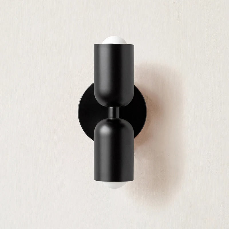 "Modern Nordic double head LED wall lamp in living room, minimalist design, soft light, ideal for cozy atmosphere"
