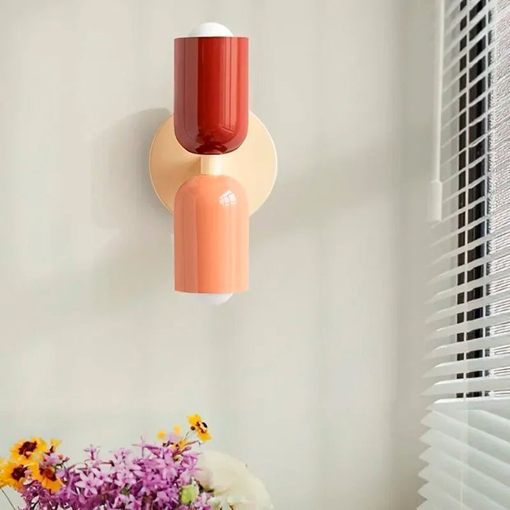 "Modern Nordic double head LED wall lamp in living room, minimalist design, soft light, ideal for cozy atmosphere"