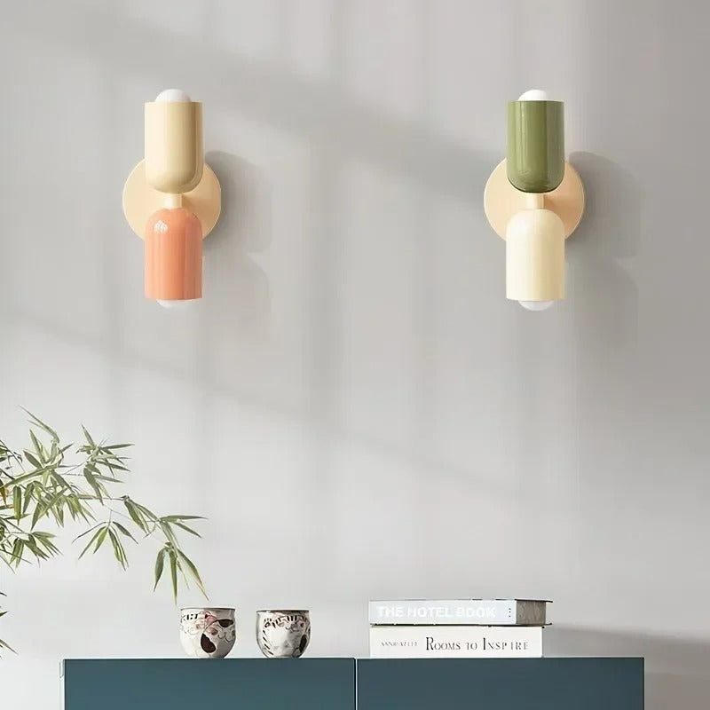 "Modern Nordic double head LED wall lamp in living room, minimalist design, soft light, ideal for cozy atmosphere"