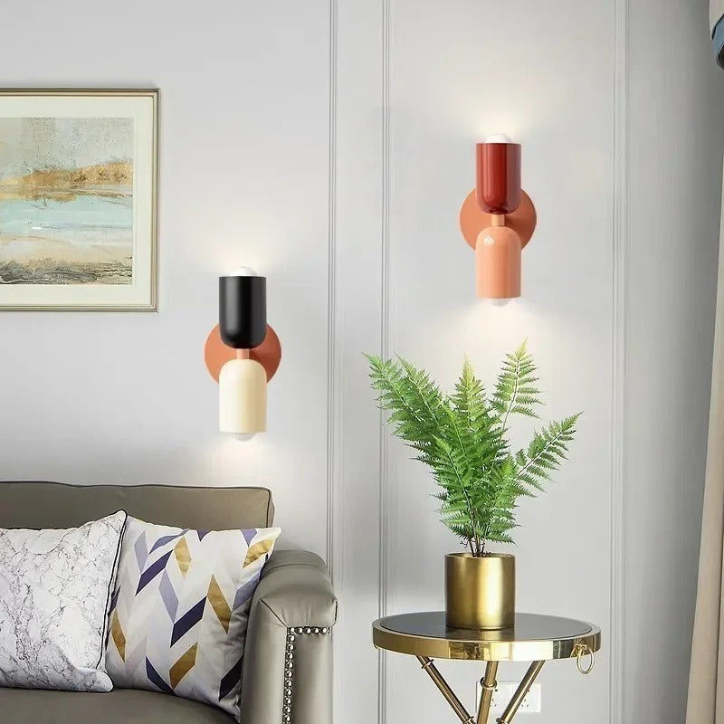 "Modern Nordic double head LED wall lamp in living room, minimalist design, soft light, ideal for cozy atmosphere"