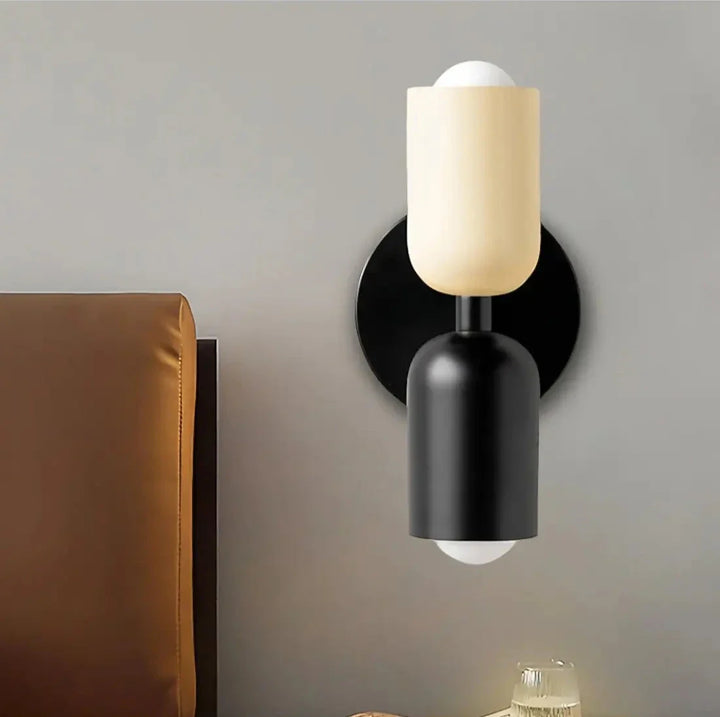 "Modern Nordic double head LED wall lamp in living room, minimalist design, soft light, ideal for cozy atmosphere"