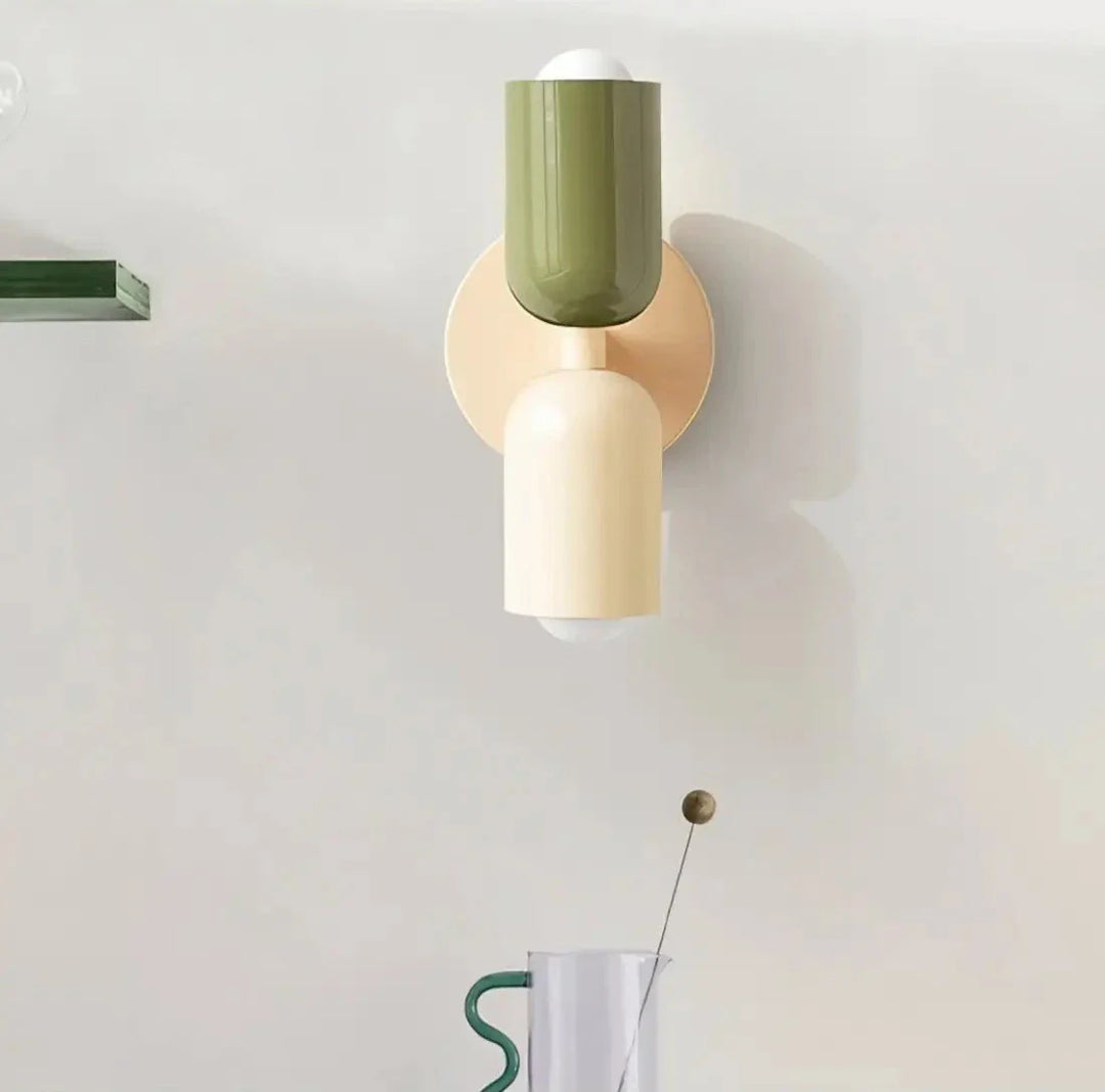 "Modern Nordic double head LED wall lamp in living room, minimalist design, soft light, ideal for cozy atmosphere"