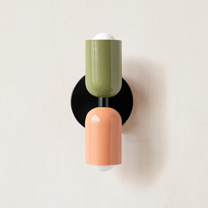 "Modern Nordic double head LED wall lamp in living room, minimalist design, soft light, ideal for cozy atmosphere"